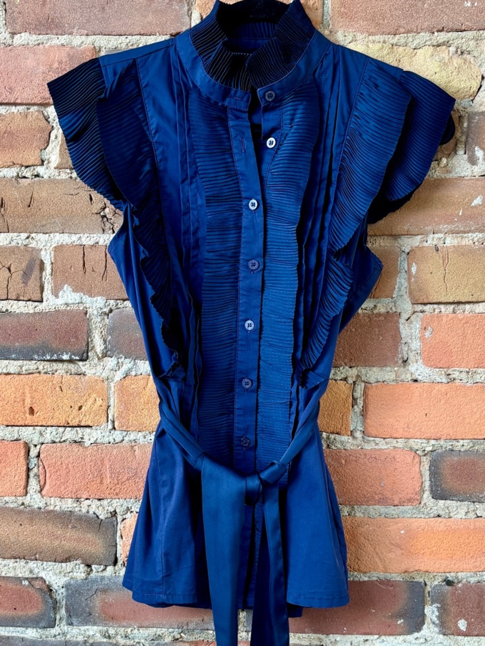 Silvian Heach Navy Blue Pleated Blouse with Pleated Detailing. Size Small